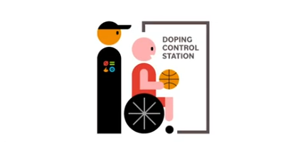 Illustration: Wheelchair basketball athlete and Chaperone outside door marked 'Doping Control Station'