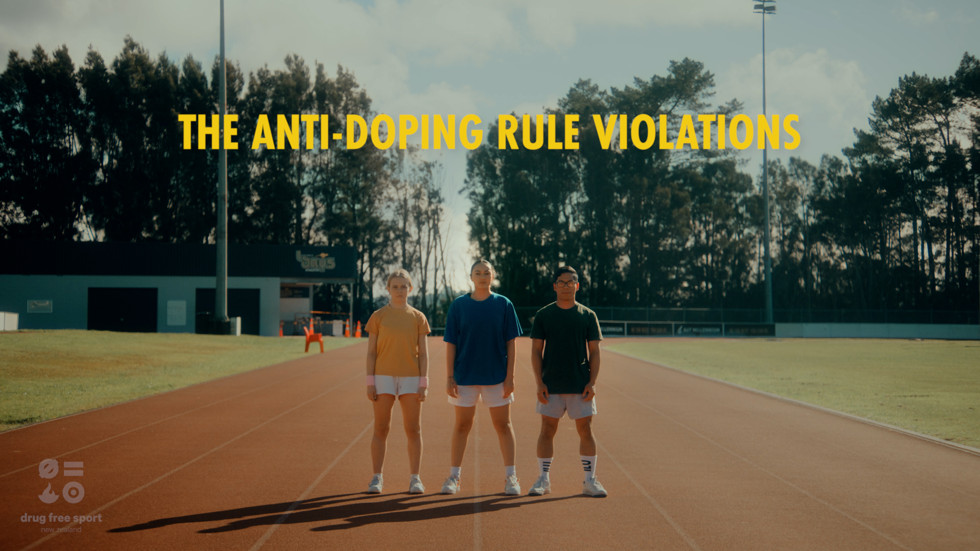 Three athletes on an athletics track with title above them 'Anti-Doping Rule Violations'